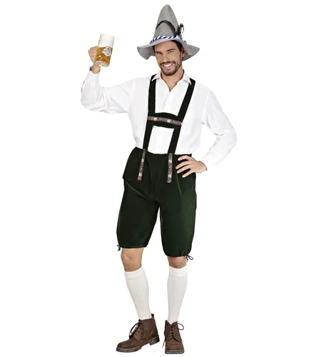 W WIDMANN MILANO Party Fashion - Kostüm Lederhose für Bierfest und Karneval - Kostüm-Outfit für Erwachsene, schimmernde Trachtenhose in Dunkelgrün mit überkreuzten Trägern, ideal für Volksfeste und Mottopartys.