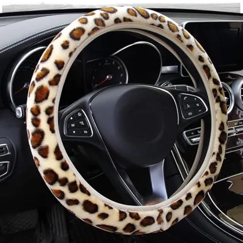 BEISIJIA Lenkradhülle, Leopardenmuster, universal, rutschfest, warm, flauschig, Plüsch, für die meisten Autos mit einem Durchmesser von 36–38 cm
