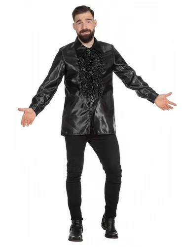 Metamorph Kostüm Satin Rüschenhemd schwarz, 70er Jahre Hemd für die Extraportion Pomp in der Disco