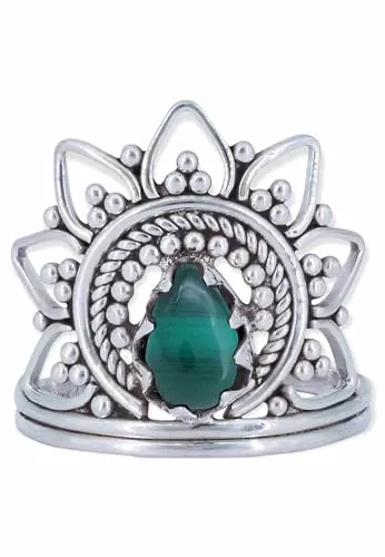 mantraroma Damen Ring Silber mit Stein Malachit Edelstein grün ausgefallen verspielt