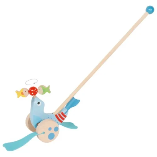 Goki 54898 Foca - Tier zum Schieben für Babypuppen, bunt und aus hochwertigem Holz, ideal für kleine Kinder