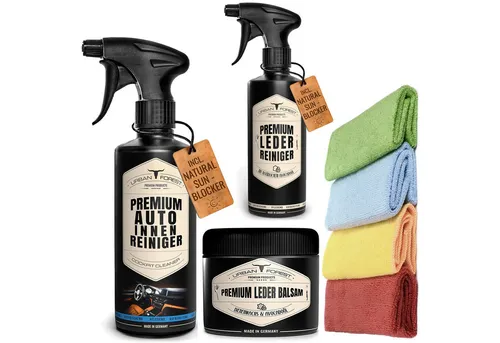URBAN FOREST Auto-Reinigungsset 4-teilig - Autopflege & Motorradpflege: Professionelle Lösung mit Avocado-Öl für tiefenwirksame Reinigung, Pflege und Schutz von Leder und Kunststoffen – für einen frisch duftenden Innenraum.