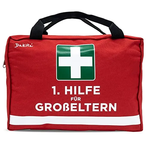 Dakita Erste-Hilfe Tasche für Großeltern – Lustiges Geschenk für Oma und Opa zur Geburt eines Enkelkindes – 28x18x8 cm – rot, ohne Inhalt