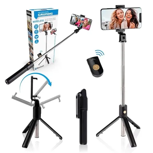 Grundig Selfie Stick & Stativ für Handy - Bluetooth & Fernbedienung - 120° drehbar - VIELSEITIGES GADGET - Der Grundig Selfie Stick vereint Stativ und Selfie-Stick in einem. Ideal für beeindruckende Fotos und Videos. AUSZIEHBAR & FLEXIBEL - Von 9 bis 70 cm ausziehbar, perfekt für jede Aufnahme. KOMPATIBEL - Universelle Halterung für alle Smartphones.