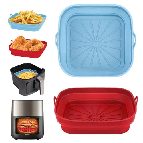 Alyvisun Silikonform für Heißluftfritteuse, 2 Stück Airfryer Silikon Backform Wiederverwendbar Silikoneinsatz Quadratisch Silikonmatte Pot Liner für Air Fryer, Mikrowelle, Ofen(Rot+Himmelblau)