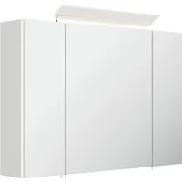 Posseik Spiegelschrank 90 cm mit LED-Lampe - Spiegelschrank in Weiß Hochglanz mit integrierter LED-Acrylglaslampe, 4 Glaseinlegeböden und Kombibox mit Lichtschalter und Steckdose für modernes Badezimmerdesign.
