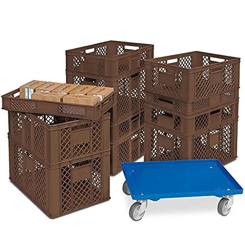 BRB 11 Eurobehälter/Stapelkörbe in 4 Höhen, PE-HD, braun, LxB 600x400 mm, H 90 mm/150 mm/240 mm/320 mm, inkl. Transportroller