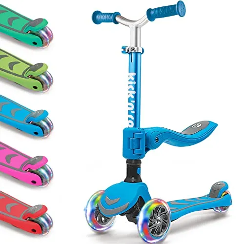 Kicknroll Roller Kinder 3 Jahre, Kinderroller 2-in-1 mit Sitz, Faltbar Rutsche Scooter, 4 Verstellbare Höhe, 3 LED Räder, Dreirad Tretroller für Kleinkind Jungen Mädchen 3-8 Jahren