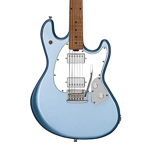 Sterling by Music Man SR50 Stingray Firemist Silver E-Gitarre - E-Gitarre mit Pappel Korpus und geröstetem Ahorn Hals, ideal für Musiker, die einen warmen Klang und vintage Stil suchen.
