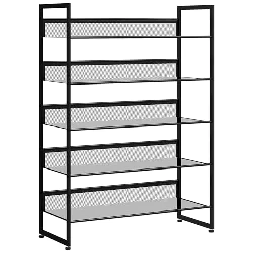 Homcom Schuhregal Schwarz, Metall, 5-stufiges Design - Schuhschrank mit Platz für bis zu 15 Paar Schuhe, sorgt für optimale Belüftung und Stabilität durch lackierten Stahlrahmen und verstellbare Fußpolster.