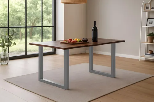 Esstisch Roxana | 140 x 80 cm | Akazienholz massiv | Kastanienfarbig | Echte Baumkante | U-Gestell Metall Silber | pflegeleichter Massivholztisch/Baumkantentisch für Esszimmer & Küche