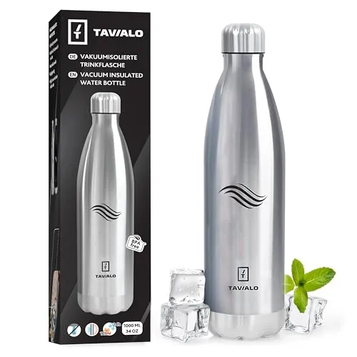 TAVIALO Edelstahl Trinkflasche 1L – Isolierflasche Thermos 500ml/750ml/1000ml, BPA-frei, Kohlensäure-geeignet, doppelwandig, hält Getränke 24h kalt & 12h heiß – für Sport, Reisen & Outdoor (Silber)