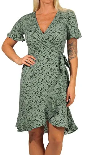 ONLY Damen Blusen Wickelkleid | Lockeres Midi Kurzarm Tunika Dress | Knielang mit Bindegürtel ONLOLIVIA, Farben:Grün-2, Größe:40