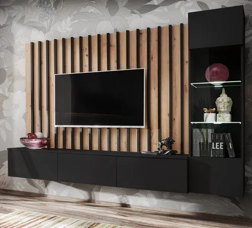 Furn.Design Wohnwand Pearl – 3-teilig in Schwarz mit Artisan Eiche - Moderne Wohnwand in Schwarz und Artisan Eiche, inkl. LED Beleuchtung und Push-To-Open-Funktion. Ideal für ein stilvolles Wohnzimmer.