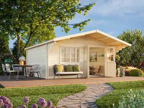 Gartenhaus Holz 40mm BRITTA - Geräumiges Blockhaus für Ihren Garten - Gartenhaus aus robustem Holz mit 40mm Wänden, ideal für Geräte und als Rückzugsort, bietet viel Platz und natürliche Optik für jeden Garten.