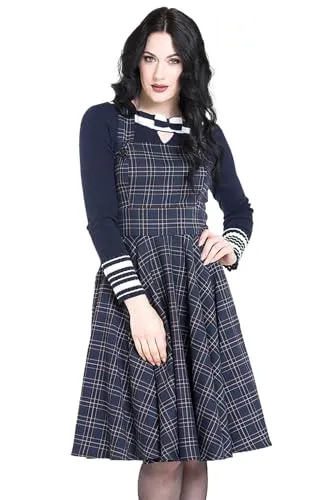 Hell Bunny Peebles Pinafore Dress - Retro Vintage Schürzenkleid in Tartan Blau, knielang und ideal für stilvolle Outfits im Alltag oder bei besonderen Anlässen.