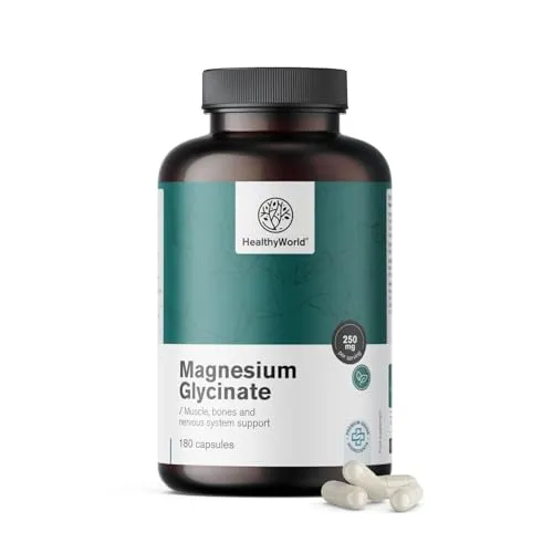 HealthyWorld Magnesiumglycinat 250 mg - 180 Pflanzenkapseln - Für mehr Energie und Muskelunterstützung - Training, Fitness und Immunsystem - 125 mg Magnesium pro Kapsel - 3 Monatsvorrat