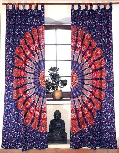 Boho Vorhänge, Gardine (1 Paar) mit Schlaufen - Gardinen & Vorhänge im ethno Stil, handbedruckt aus 100% Baumwolle, fair gehandelt in Indien - ideal für ein gemütliches Zuhause.