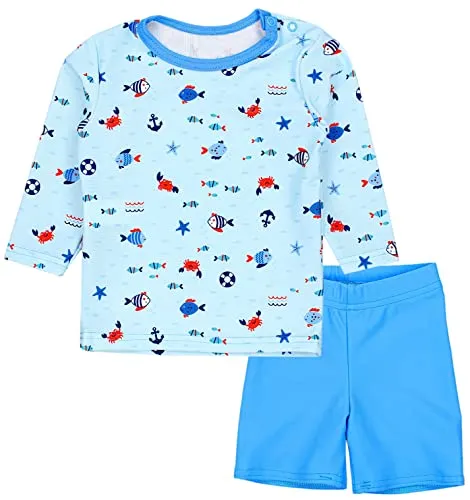 Aquarti Baby Jungen Bade-Set Zweiteiliger Kinder Badeanzug T-Shirt Badehose UV-Schutz, Farbe: Langarm/Kleine Fische Hellblau/Blau, Größe: 122