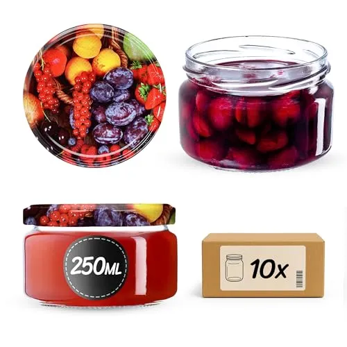 KADAX 10er Set Marmeladengläser 250ml mit Schraubdeckel Ø 82 mm in Obst - luftdichte, spülmaschinenfest, ideal für Marmelade, Chutneys, Eingelegtes Gemüse, Fleisch, Pasteten & Babynahrung