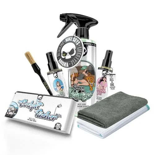 Nuke Guys Auto Reinigungsset Innenraum | Innenreiniger + Glasreiniger + 1x Fenstertuch + Auto Duft + Cockpit Tücher Matt + Detailing Pinsel + Mikrofasertuch | Autopflege Set