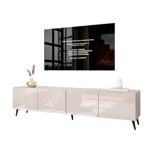 Lookway Moderner wandhängender TV-Schrank in Kaschmir Hochglanz, optional mit LED-Beleuchtung auf schrägen Onyx-Beinen – COLGANTE 200 cm (mit LED Beleuchtung, Beine: Schwarz)