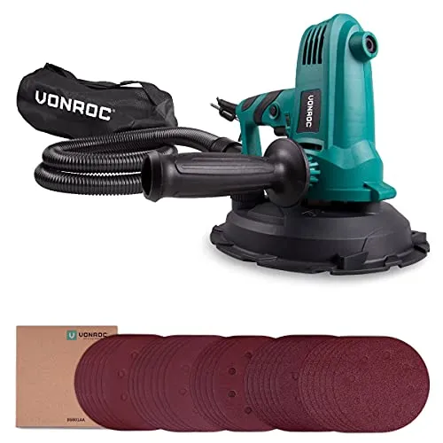 VONROC Wand-Exzenterschleifer 750W – für Decken und Wände – 180 mm Durchmesser – 33 Schleifblätter – Soft Start – Constant Speed Electronics – Schlauch und Staubbeutel