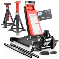 Arebos Rangierwagenheber AR-HE-HRW+UB - 3t Set mit hydraulischem Hub - Rangierwagenheber Set mit 2 Unterstellböcken und hydraulischem Wagenheber. Hohe Tragkraft von 3t, große Hubhöhe von 85-500mm und schnelle Handhabung durch Fußpedal.