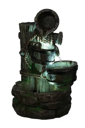 BIRENDY Dekofigur Springbrunnen Holz Krüge mit 3 LEDs G53-17086 Brunnen-4 Dekobrunnen