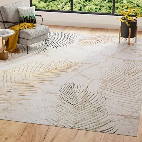 TAPISO Golden Teppich Wohnzimmer Kurzflor Schlafzimmer Luxuriös Creme Gold Grün Blätter Meliert Verwischt Modern Design ÖKOTEX 80 x 150 cm