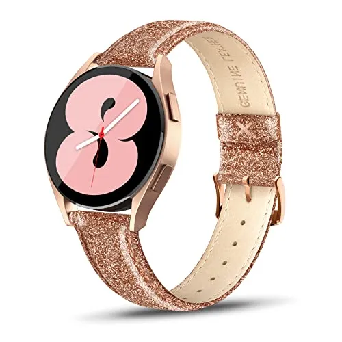 Tuocal Kompatibel für Samsung Galaxy Watch 7 Armband Leder/Galaxy Watch 6 40mm 44mm / Watch 6 Classic/Watch 5/5 Pro, 20mm Leder Ersatzarmband für Galaxy Watch 4/Watch 4 Classic Damen, Glitzer Roségold