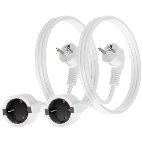 Verlängerungskabel, 2 Pack 1 Meter Verlängerungskabel Schuko IP20, 16A/250V, 4000W, 1,5 mm² mit Schuko Stecker & Kupplung, Haushalt für Büro Multimedia, Weiß