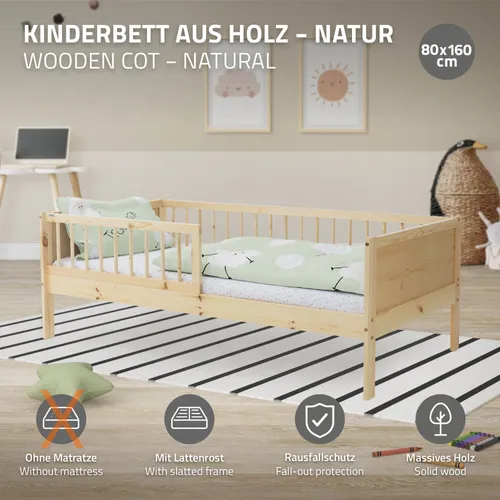 ML-Design Kinderbett 80x160 cm - Massives Kiefernholz Einzelbett mit Lattenrost und Rausfallschutz für sicheren Schlaf und Spielspaß, ideal für Kinder von 4 bis 10 Jahren.