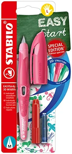 STABILO - Schulfüller ergonomisch für Linkshänder mit Standard-Feder M - EASYbirdy 3D Wildlife Special Edition in rosa - inkl. Patrone und Einstellwerkzeug