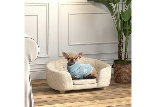 PawHut Tierbett Hundebett Hundesofa mit Kissen, Plüsch, Cremeweiß 70 x 47 x 30 cm - Luxuriöses Hundesofa mit robustem Massivholzrahmen, ideal für kleine Hunde bis 4,5 kg. Die pflegeleichte Plüschoberfläche und der abnehmbare Kissenbezug sorgen für höchsten Komfort und einfache Reinigung.