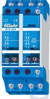 Eltako R12-220-230VAC Installationsrelais - 4-poliges 16A Relais für DIN-Schiene, ideal für präzise Steuerungen in Elektroinstallationen, mit Schaltstellungsanzeige und 100% Einschaltdauer.