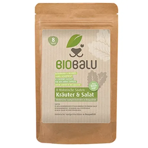 Biobalu Kräuter & Salat Samen Bio - 8 Alte Sorten - Historisches Saatgut Set, Saatgut Raritäten in Bioqualität, Seltene Sorten für Freiland, Gewächshaus & Balkon - Geschenkset