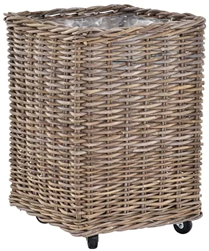 Pflanzkorb Rattan grau groß mit Rollen - Garten-Zubehör: Großer, quadratischer Rattankorb mit beweglichen Rollen für einfache Mobilität und viel Platz für größere Pflanzen. Maße: 40x40x58 cm.