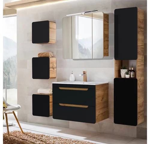 Lomadox Badmöbel-Set NEW-LUTON, 6-teilig, Wotan Eiche Nb. mit 80 cm Keramik-Waschtisch - Badmöbel-Set in modernem Design mit seidenmatter Oberfläche und Softclose-Systemen. Ideal für ein stilvolles Badambiente und einfache Montage.