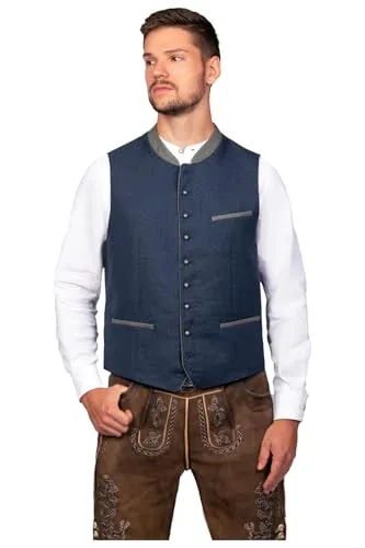Edelnice Trachtenmode Trachten Weste Christian Gr. 46 - Trachtenweste für Herren, edles Design aus blauer Wolle mit kunstvoll besticktem Kragen. Perfekt für Hochzeiten und Volksfeste – kombiniert Tradition und modernen Stil.