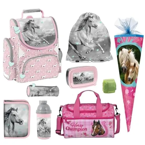 Familando Pferde Schulranzen 1. Klasse - Ergonomischer Tornister für Mädchen - Schultaschen-Set (9-teilig) mit ergonomischer Passform, gepolstertem Rücken und Reflektoren. Ideal für die Einschulung, leicht und mit Glitzermotiv 'Horse Pferd'.