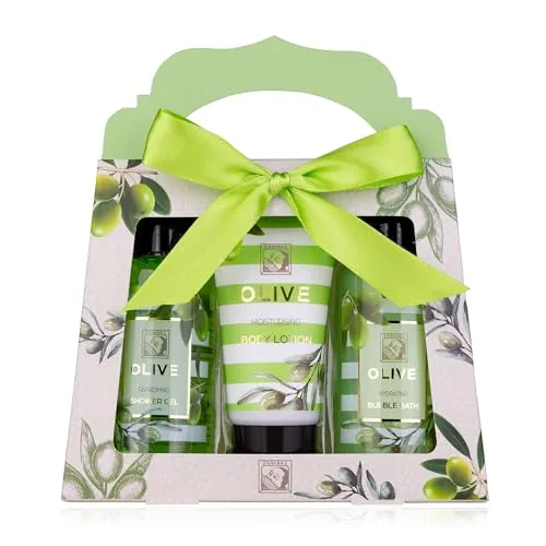 Accentra – Duschset Frauen Geschenkset OLIVE in schöner Geschenkbox – 3-teiliges Pflegeset mit Duschgel, Bodylotion und Schaumbad – Wellness Geschenk Set zum Valentinstag, Muttertag & Weihnachten