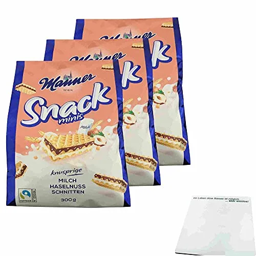 Produktbild Manner Snack Minis Milch Haselnuss Schnitten 3er Pack (3x300g Packung) + usy Block