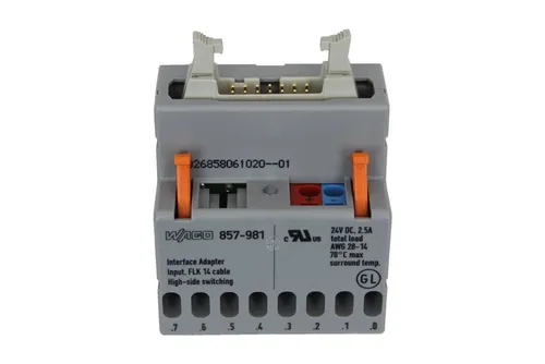 WAGO 857-981 Interface Eingangsadapter - SPS-Prozessoren, kompakter Übergabemodul mit 16 Polen, ideal für effiziente Direktmontage und zuverlässige elektrische Verbindungen.