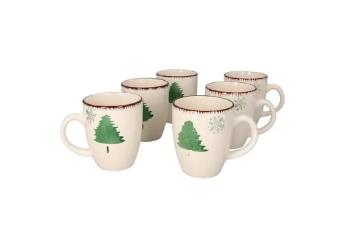 MamboCat Becher 6er Set - Kaffeebecher Schneeflocke & Tannenbaum 300ml - Thermobehälter für die Festtage, stilvolles 6-teiliges Set aus Steingut, ideal für Kaffee, Tee und weihnachtliche Heißgetränke.