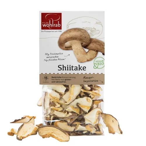 Shiitake Pilze getrocknet Bio, 20g Trockenpilz Scheiben, Asiapilz, Pilze Wohlrab