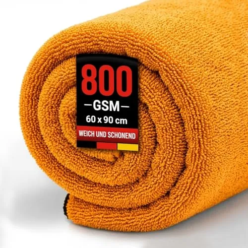 Auto Trockentuch XXL 90x60cm Mikrofaser saugstark fusselfrei lackschonend | 800 GSM Mikrofaser, Orange, für Auto Motorrad Boot Wohnmobil Camping, Poliertuch Autopflege, waschbar wiederverwendbar