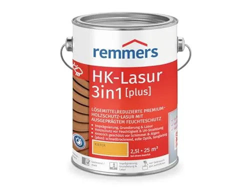 Remmers HK-Lasur 3in1 [plus] kiefer, matt, 2,5 Liter - Premium Holzlasur für außen mit 3-fach Holzschutz: Imprägnierung, Grundierung und Lasur in einem. Ideal für Zäune, Carports und Gartenhäuser, schützt vor Feuchtigkeit und UV-Strahlen.