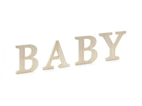 PartyDeco Tischaufsteller Baby Holzschrift 4tlg Holzbuchstaben Deko stehend Baby Shower Zimmer Deko/Holzaufschrift Baby, 16.5-21.5x19.5 cm