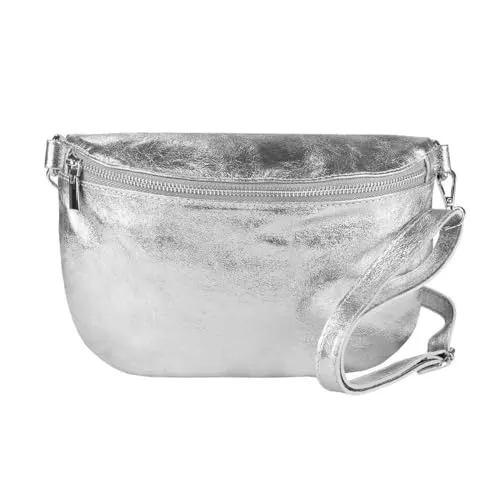 OBC Made in Italy Damen Leder Tasche Gürteltasche Crossbody Hüfttasche Bauchtasche Umhängetasche Cross-Over Bodybag Schultertasche Handytasche (Silber)